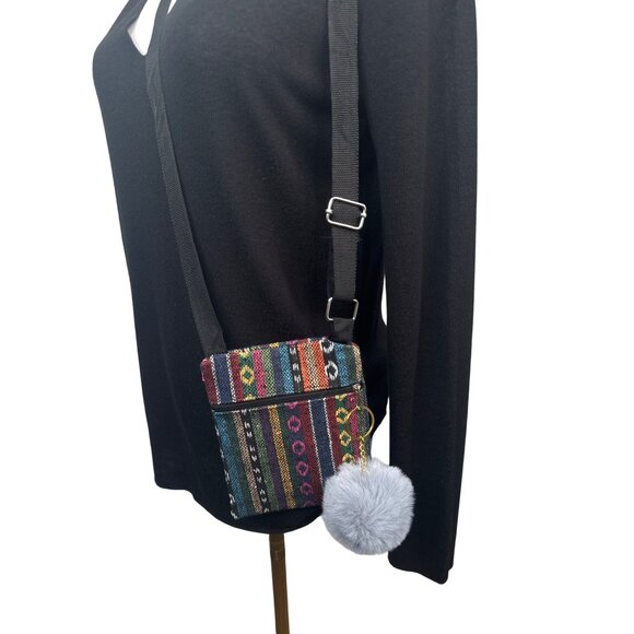2/$30 Crossbody Bag Multicolor Stripes Gray Faux Mink Pom Pom Keychain NWT - Picture 1 of 11